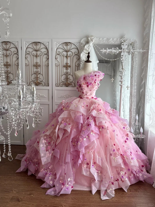 Beautiful Ball Gown One-the-Shoulder Pink Evening Dress 3D appliqué floral Ruffled Tulle Prom Dress MD370