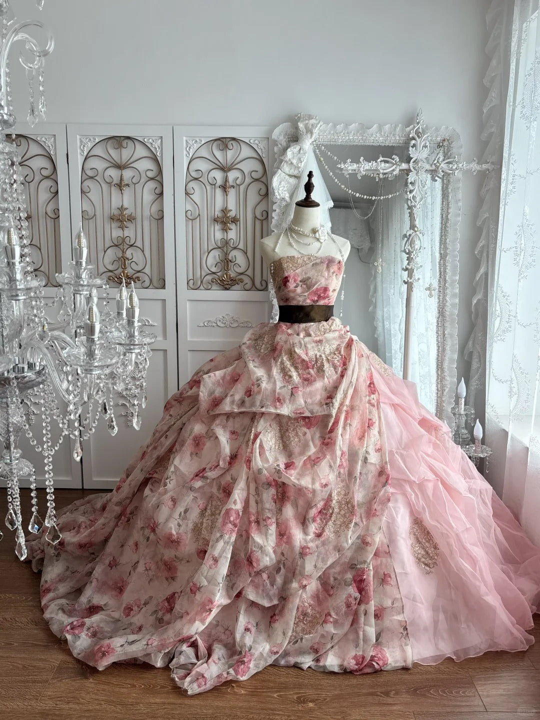 Beautiful Ball Gown Off-the-Shoulder Pink Evening Pleated Tulle Prom Dress MD371