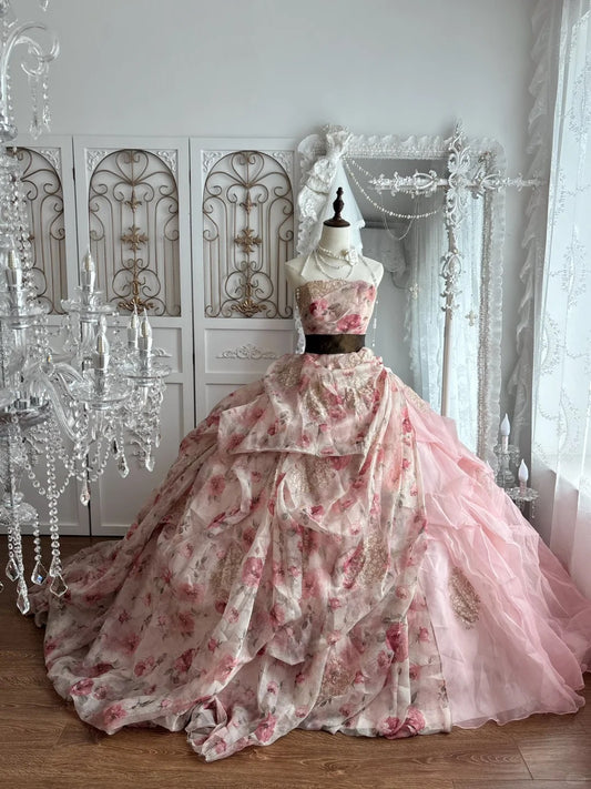 Beautiful Ball Gown Off-the-Shoulder Pink Evening Pleated Tulle Prom Dress MD371