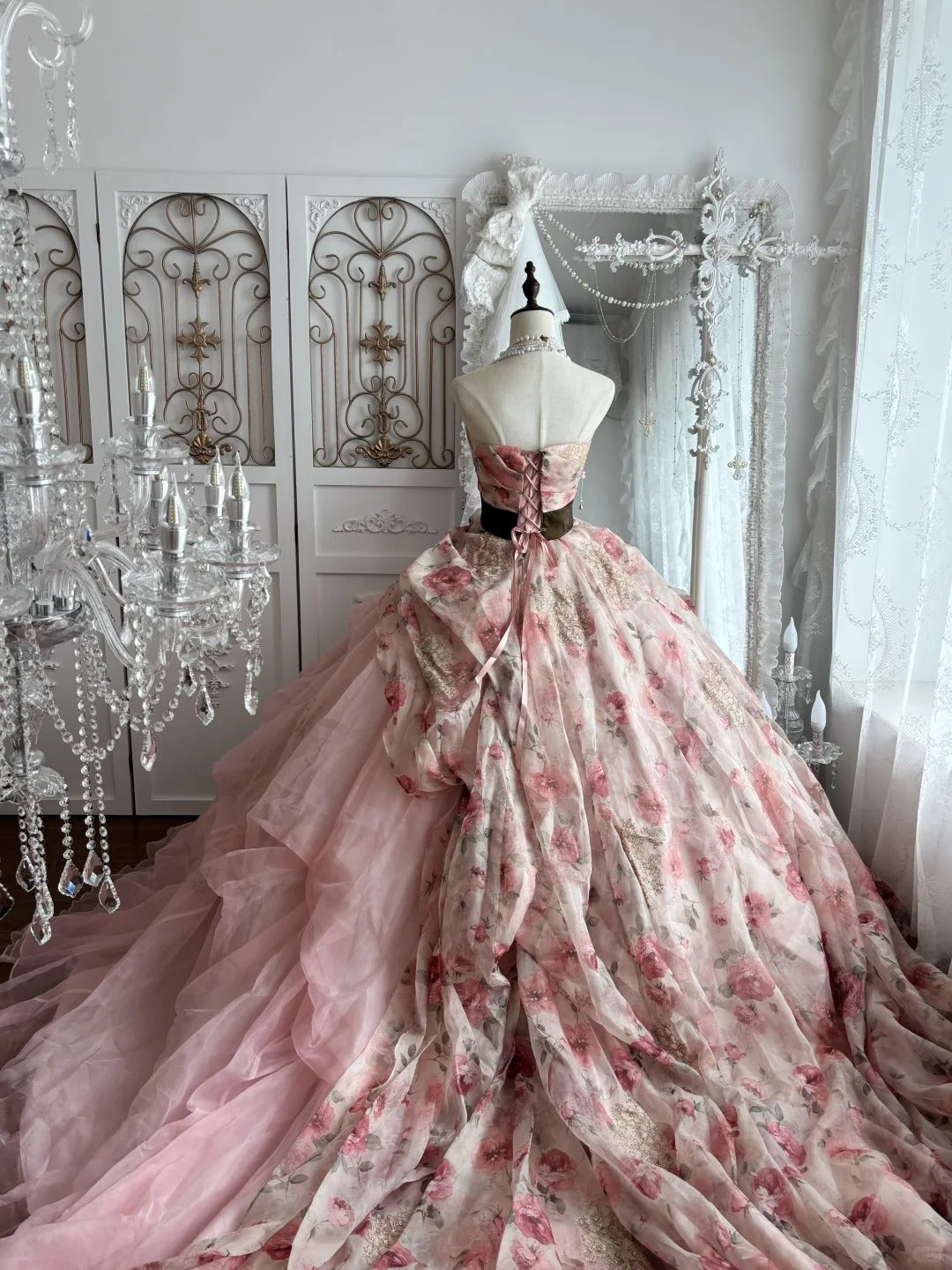 Beautiful Ball Gown Off-the-Shoulder Pink Evening Pleated Tulle Prom Dress MD371
