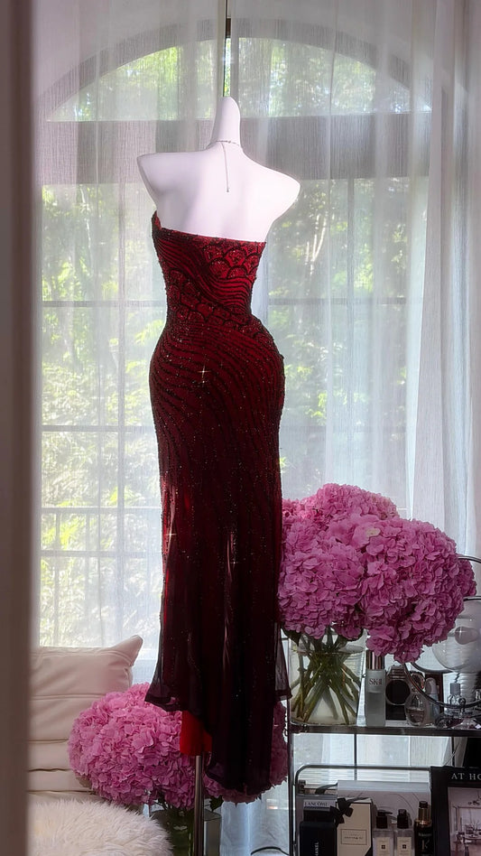 Beautiful Sheath Off-the-Shoulder Red Evening Dress Beaded Tulle Prom Dress MD372