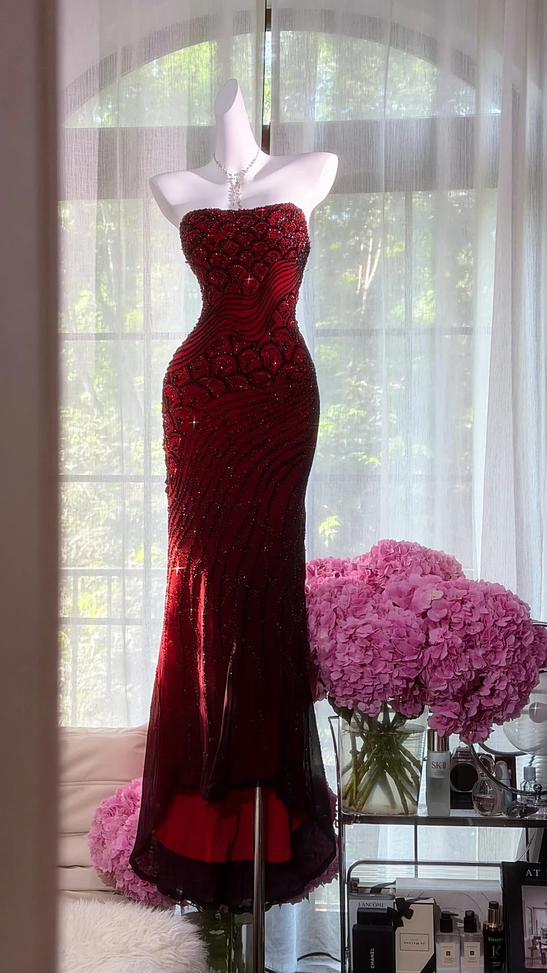 Beautiful Sheath Off-the-Shoulder Red Evening Dress Beaded Tulle Prom Dress MD372