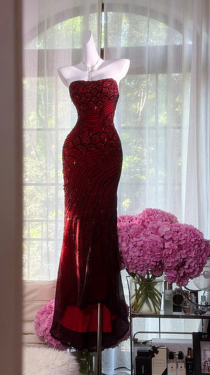 Beautiful Sheath Off-the-Shoulder Red Evening Dress Beaded Tulle Prom Dress MD372