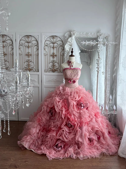 Beautiful Ball Gown Off-the-Shoulder Pink Evening Dress Pleated 3D Organza Rose Appliqués Prom Dress MD373