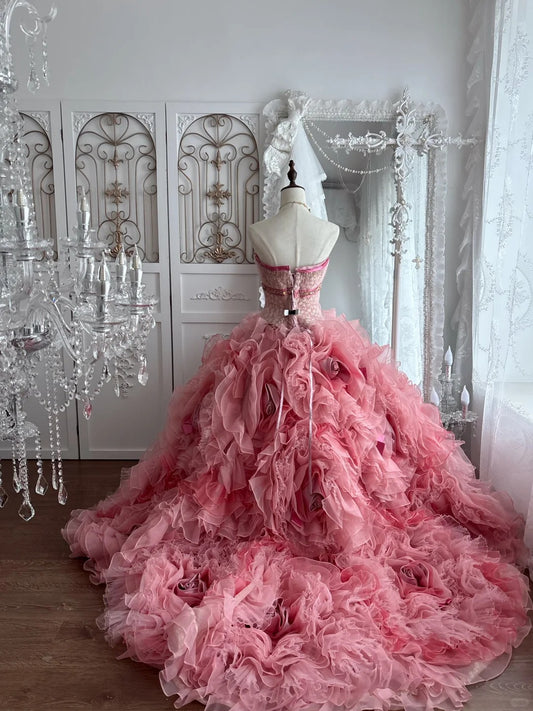 Beautiful Ball Gown Off-the-Shoulder Pink Evening Dress Pleated 3D Organza Rose Appliqués Prom Dress MD373
