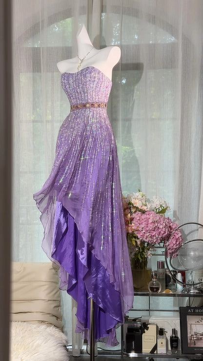 Beautiful Sheath Off-the-Shoulder Purple Evening Dress Sequins Tulle Prom Dress MD374