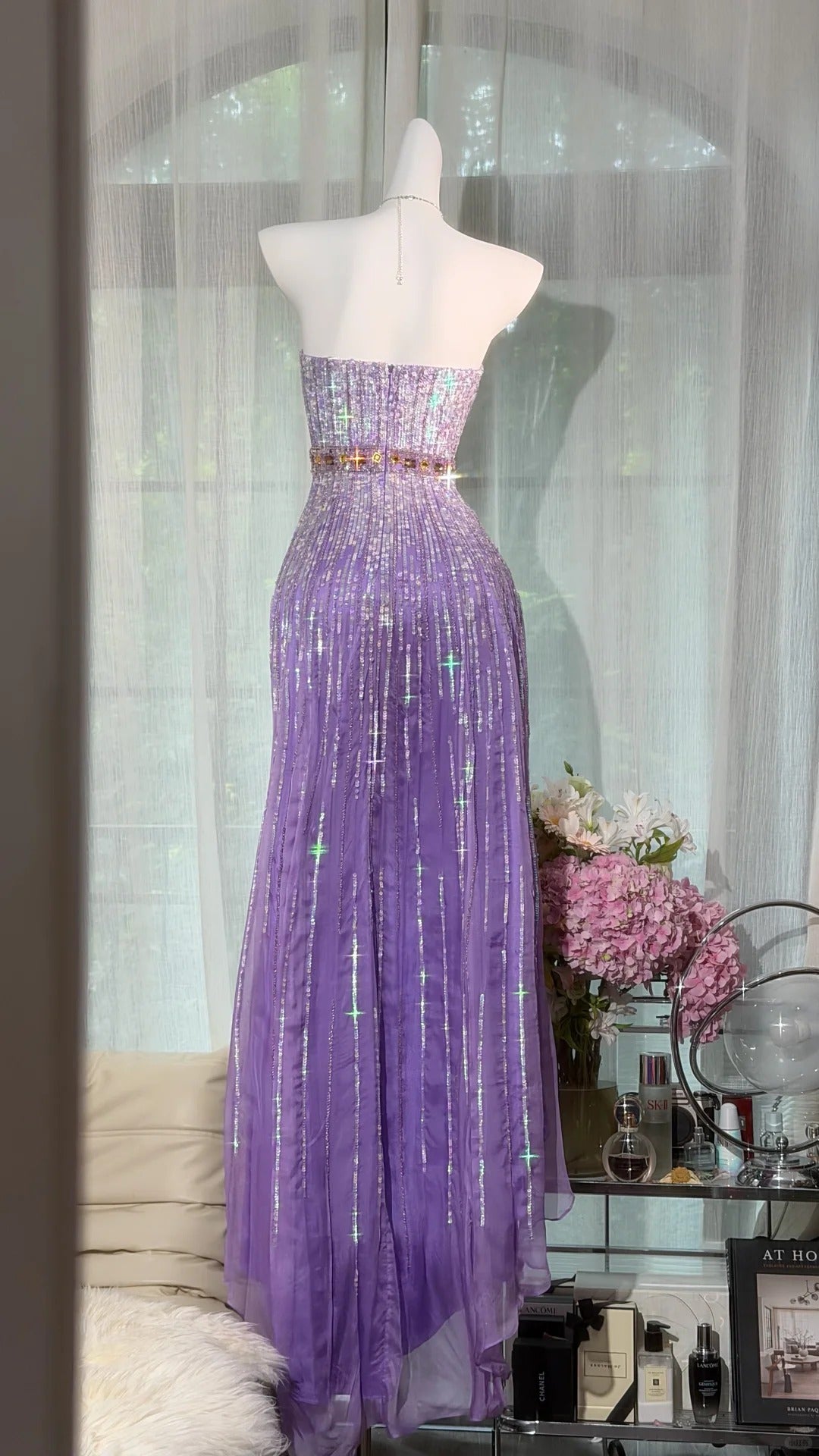 Beautiful Sheath Off-the-Shoulder Purple Evening Dress Sequins Tulle Prom Dress MD374