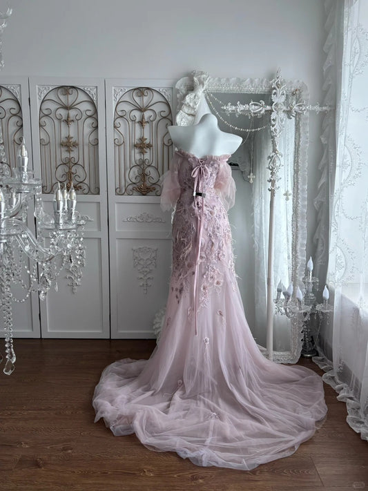 Beautiful Mermaid Off-the-Shoulder Purple Evening Dress Embroidery Tulle Prom Dress MD375