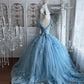 Beautiful Ball Gown V Neck Purple Evening Dress 3D floral appliqué Tulle Prom Dress MD376
