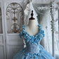 Beautiful Ball Gown V Neck Purple Evening Dress 3D floral appliqué Tulle Prom Dress MD376