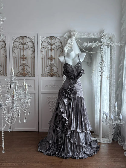 Beautiful A-line V Neck Gray Evening Dress Pleated Satin Prom Dress MD377