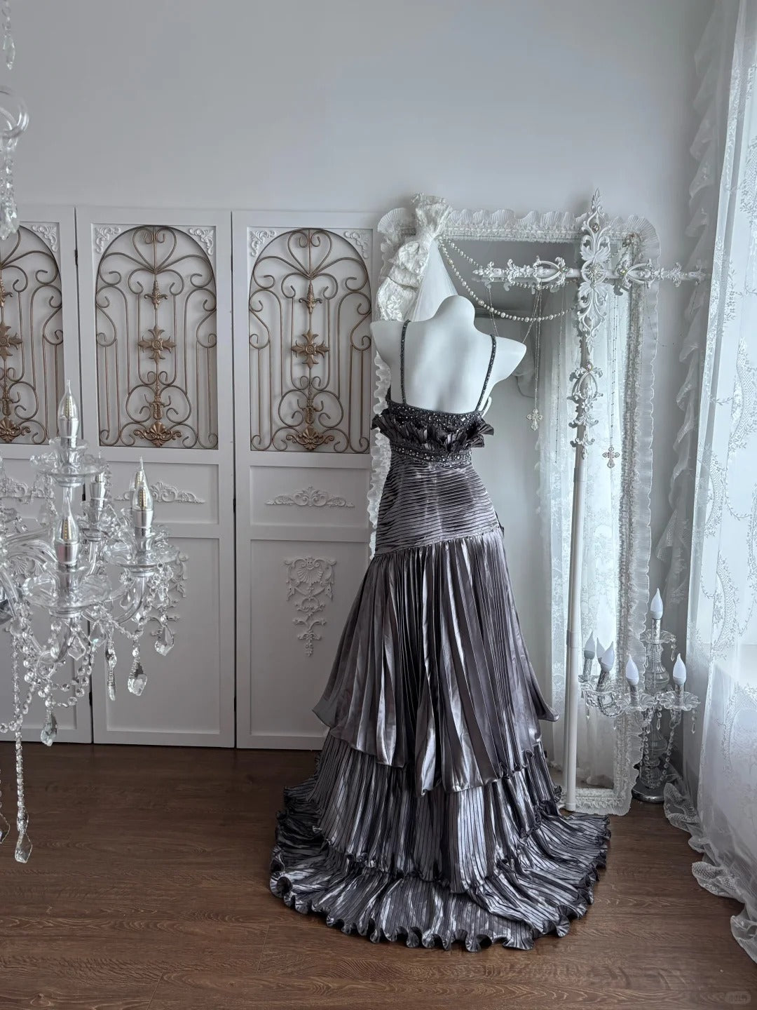 Beautiful A-line V Neck Gray Evening Dress Pleated Satin Prom Dress MD377