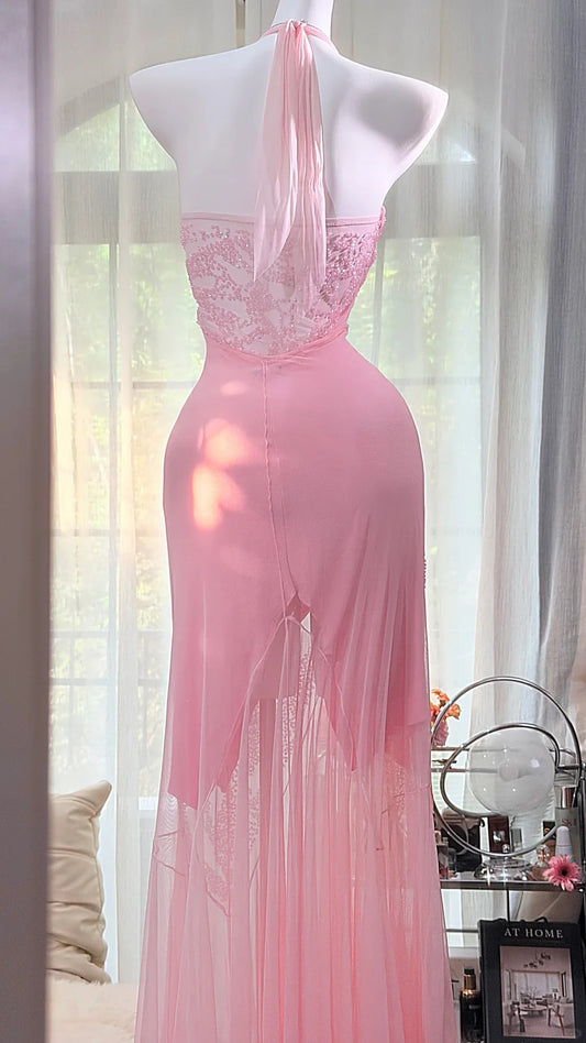 Beautiful Sheath Halter Neck Pink Evening Dress Pleated Sequins Tulle Prom Dress MD378