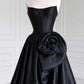 A-line Spoon Neck Satin Black Long Prom Dress MD379