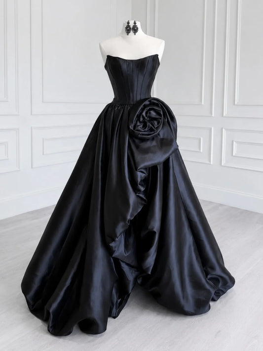A-line Spoon Neck Satin Black Long Prom Dress MD379