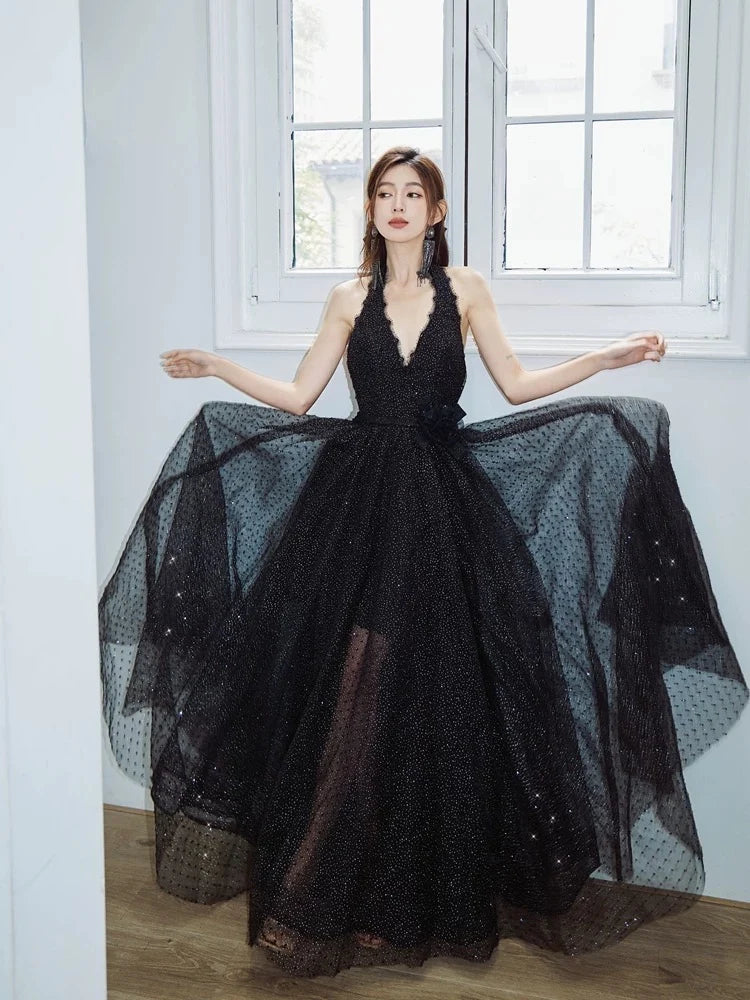 A-Line V Neck Tulle Floor Length Black Prom Dress, Black Party Dress MD380