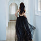 A-Line V Neck Tulle Floor Length Black Prom Dress, Black Party Dress MD380