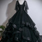 A-Line V Neck Floor Length Tulle Lace Black Long Prom Dress MD381