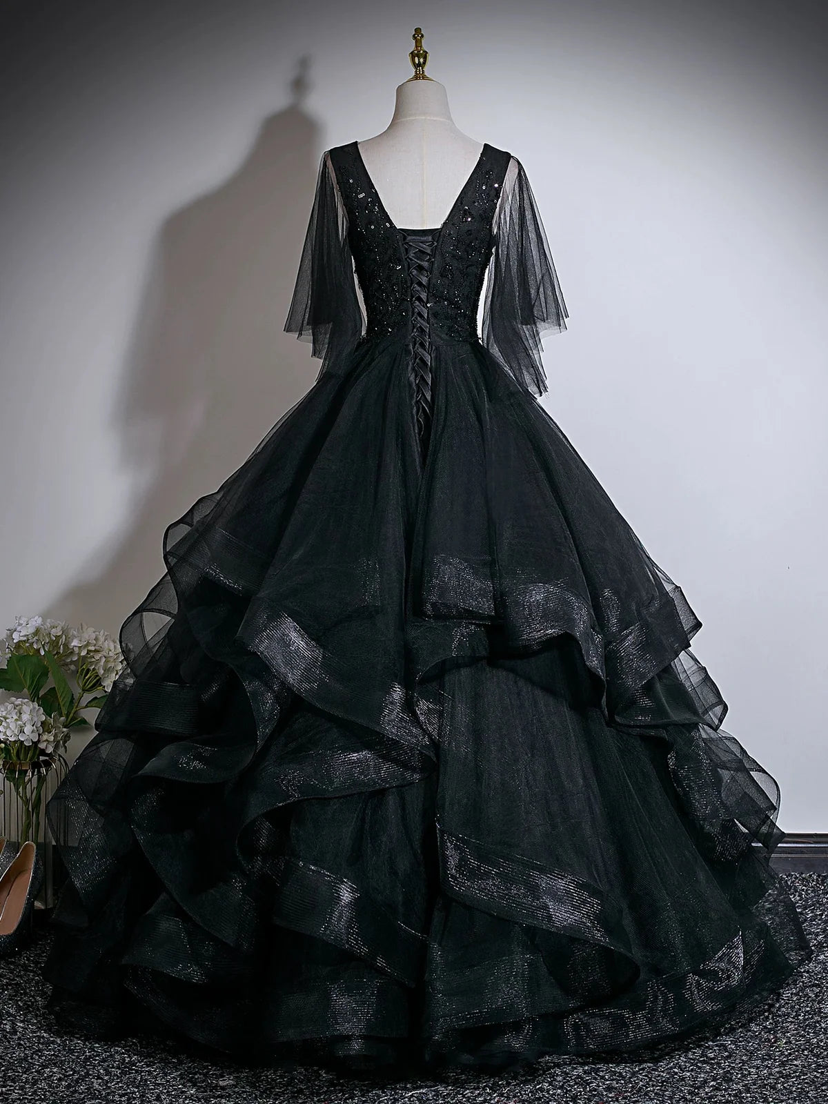 A-Line V Neck Floor Length Tulle Lace Black Long Prom Dress MD381