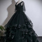A-Line V Neck Floor Length Tulle Lace Black Long Prom Dress MD381