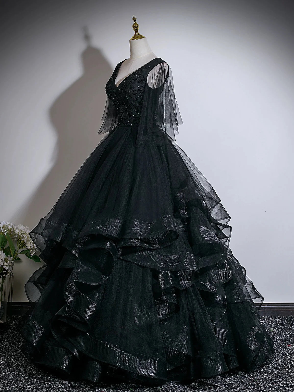A-Line V Neck Floor Length Tulle Lace Black Long Prom Dress MD381