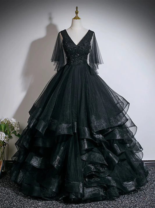 A-Line V Neck Floor Length Tulle Lace Black Long Prom Dress MD381