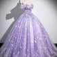 A-Line Off Shoulder Tulle Lace Purple Long Prom Dress, Purple Long Formal Dress MD382