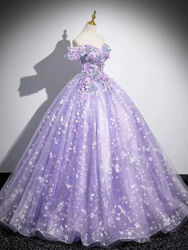 A-Line Off Shoulder Tulle Lace Purple Long Prom Dress, Purple Long Formal Dress MD382