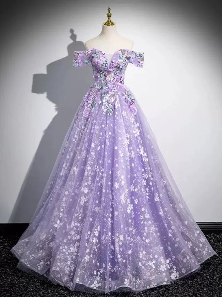 A-Line Off Shoulder Tulle Lace Purple Long Prom Dress, Purple Long Formal Dress MD382