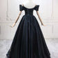 A-Line Off Shoulder Satin Black Long Prom Dress, Black Long Evening Dress MD383