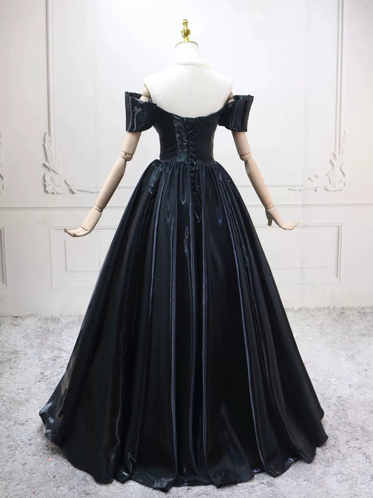 A-Line Off Shoulder Satin Black Long Prom Dress, Black Long Evening Dress MD383