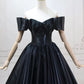 A-Line Off Shoulder Satin Black Long Prom Dress, Black Long Evening Dress MD383