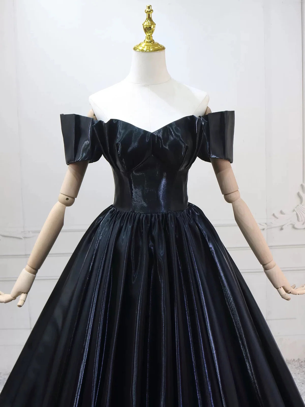 A-Line Off Shoulder Satin Black Long Prom Dress, Black Long Evening Dress MD383