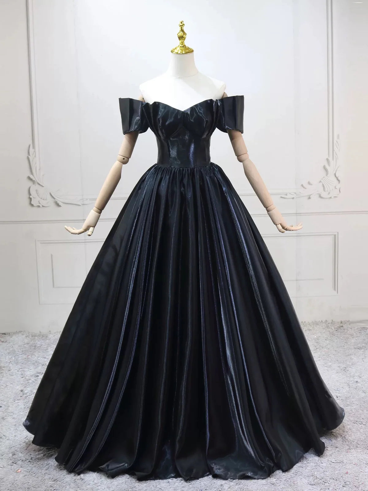 A-Line Off Shoulder Satin Black Long Prom Dress, Black Long Evening Dress MD383