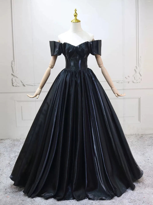 A-Line Off Shoulder Satin Black Long Prom Dress, Black Long Evening Dress MD383