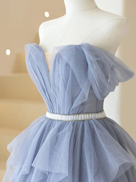 Gray purple tulle long prom dress, purple A line evening dress MD384