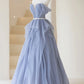 Gray purple tulle long prom dress, purple A line evening dress MD384