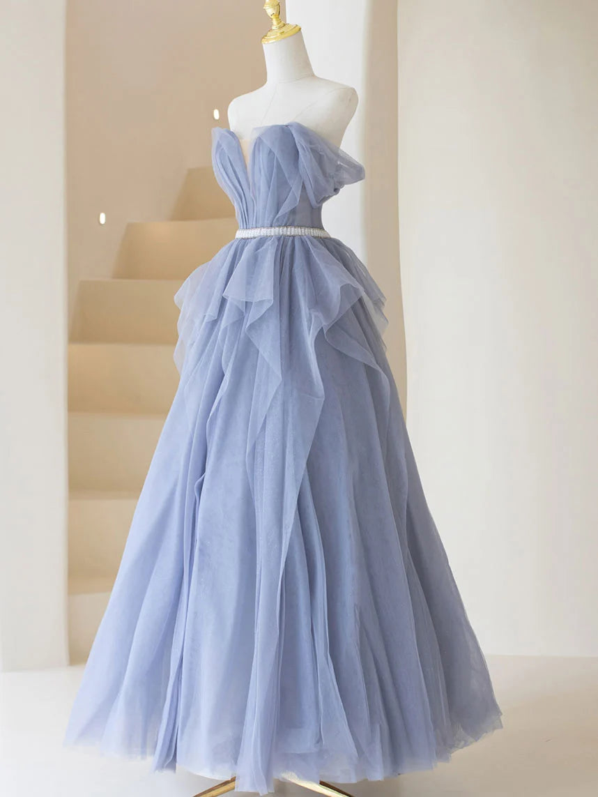 Gray purple tulle long prom dress, purple A line evening dress MD384