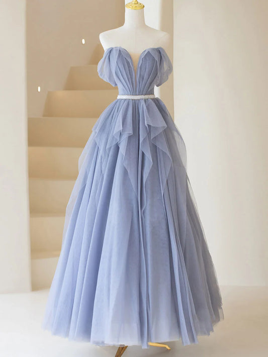 Gray purple tulle long prom dress, purple A line evening dress MD384