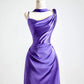 Simple One Shoulder Satin Sweep Train Purple Prom Dress MD385