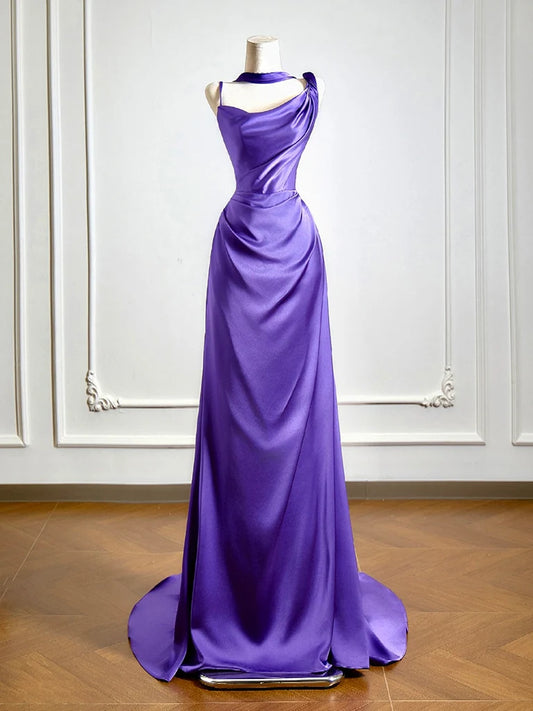 Simple One Shoulder Satin Sweep Train Purple Prom Dress MD385