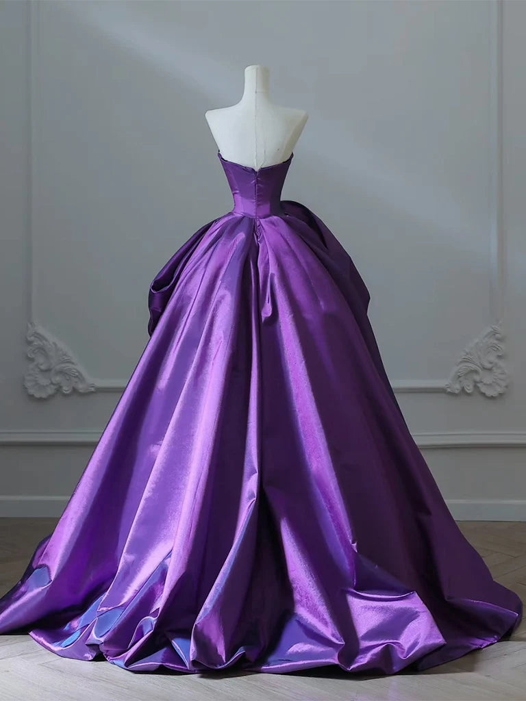 A-Line Sweetheart Neck Satin Purple Long Prom Dress, Purple Long Evening Gown MD386