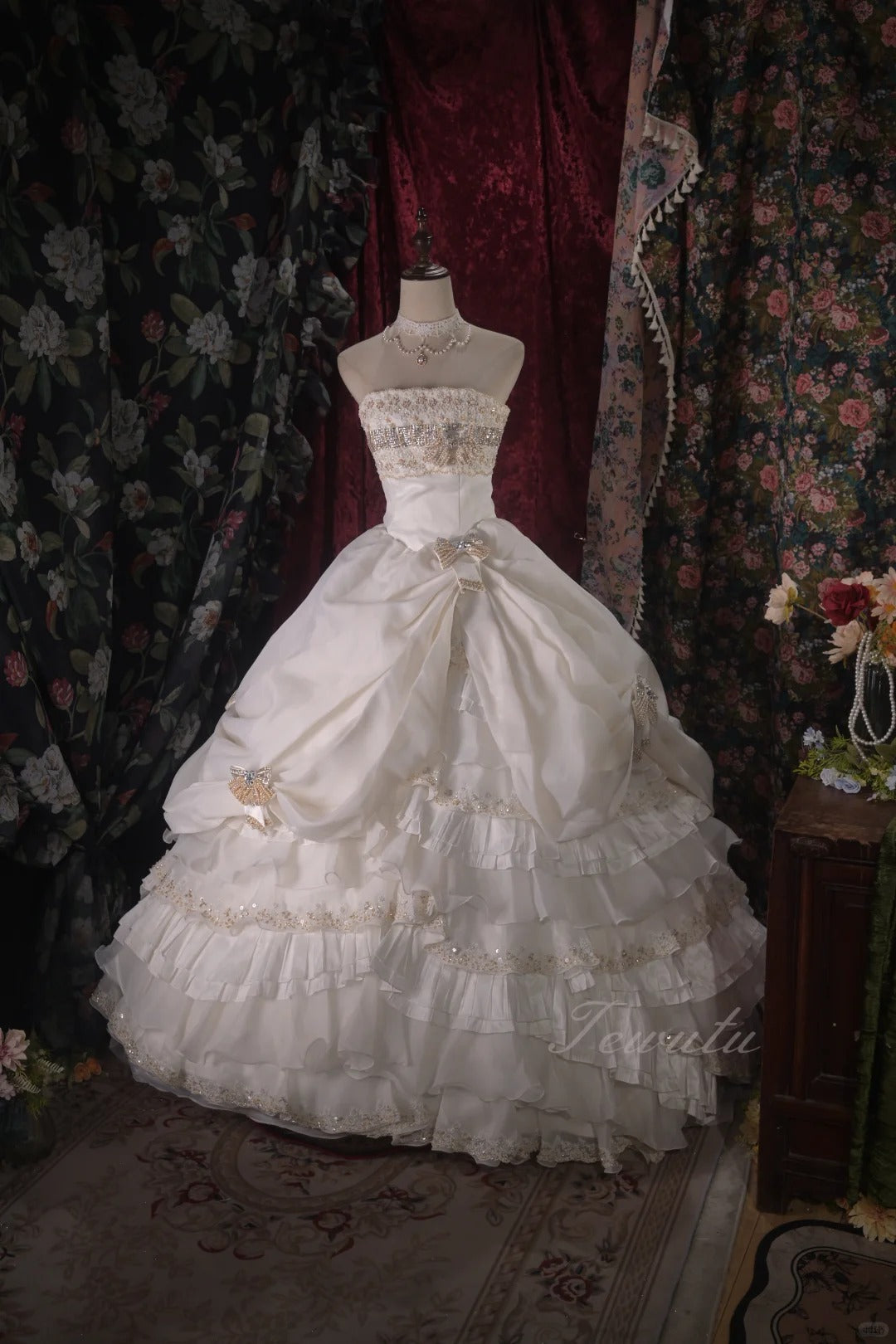 Elegant A-line Off-the-Shoulder Long Wedding Dress Beaded Cascade Satin White Prom Dress MD387