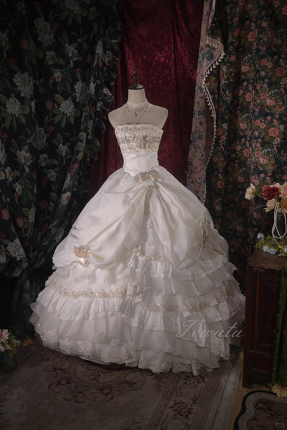 Elegant A-line Off-the-Shoulder Long Wedding Dress Beaded Cascade Satin White Prom Dress MD387