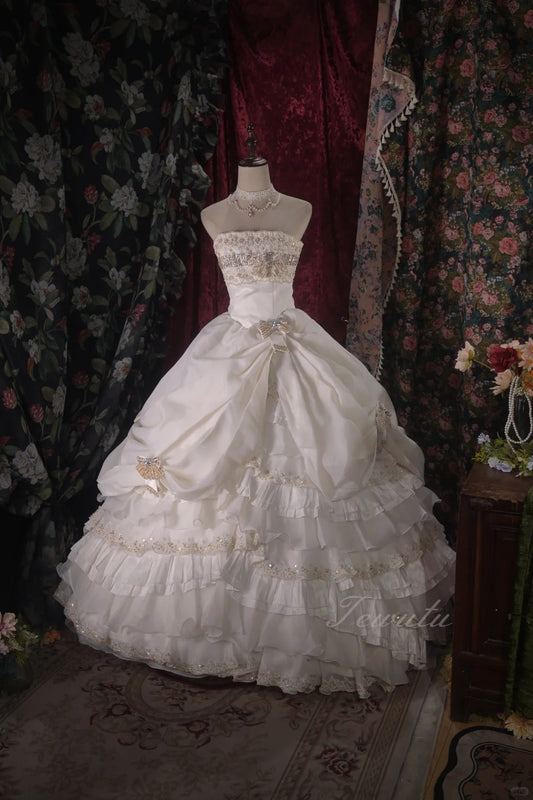 Elegant A-line Off-the-Shoulder Long Wedding Dress Beaded Cascade Satin White Prom Dress MD387
