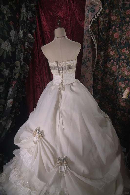 Elegant A-line Off-the-Shoulder Long Wedding Dress Beaded Cascade Satin White Prom Dress MD387