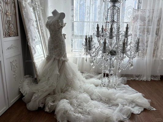 Elegant Mermaid V Neck Long Wedding Dress Tulle White Prom Dress MD390