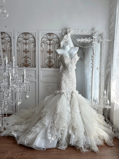 Elegant Mermaid V Neck Long Wedding Dress Tulle White Prom Dress MD390