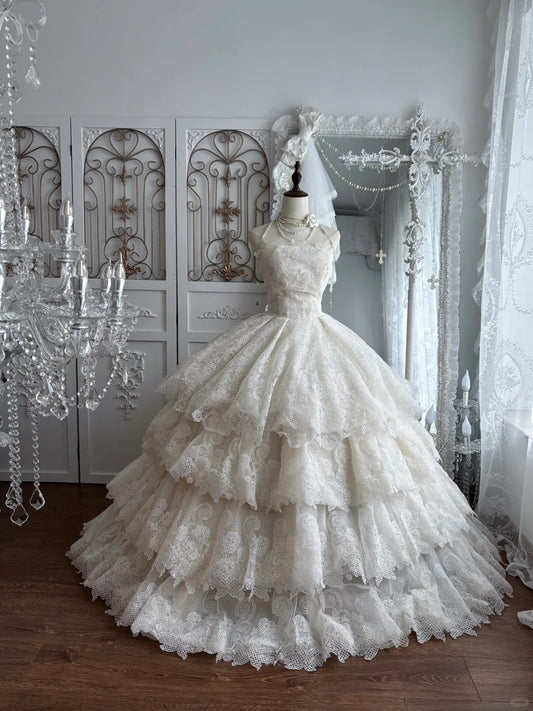 Elegant Ball Gown Strapless Neck Long Wedding Dress Cascade Lace White Prom Dress MD392