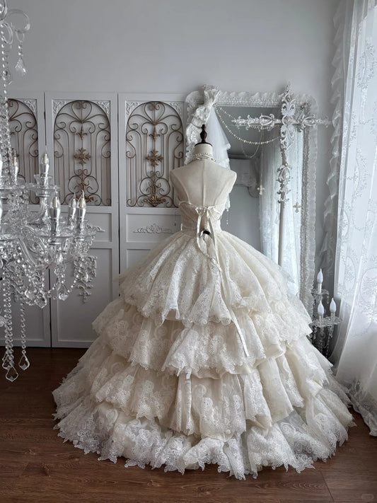 Elegant Ball Gown Strapless Neck Long Wedding Dress Cascade Lace White Prom Dress MD392